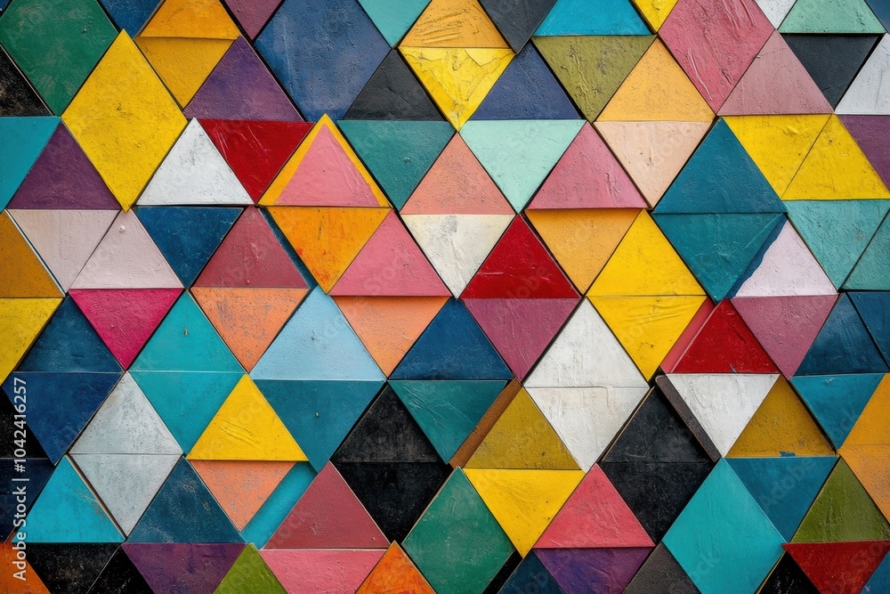 Aufkleber A striking display of geometric shapes showcases colorful triangular patterns, creating a lively and abstract composition on a textured surface. Generative AI
