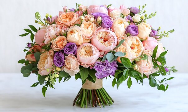 Beautiful flowers bouget with peonies and roses with a beautiful bundling. Bouquet is lying on a white marble table as a background