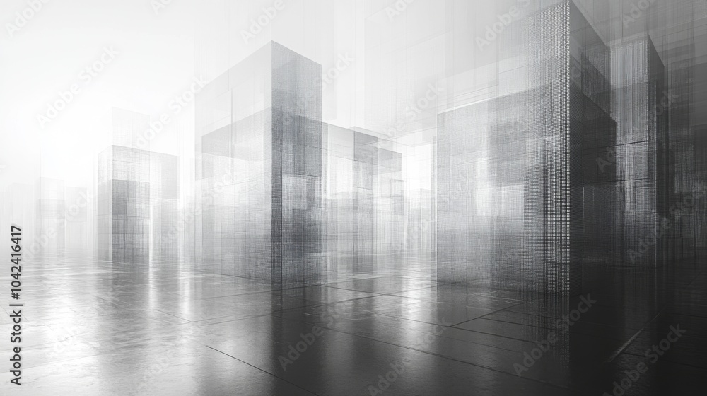 Poster A surreal urban environment showcases translucent buildings merging with fog, creating an ethereal atmosphere that invites exploration and imagination.