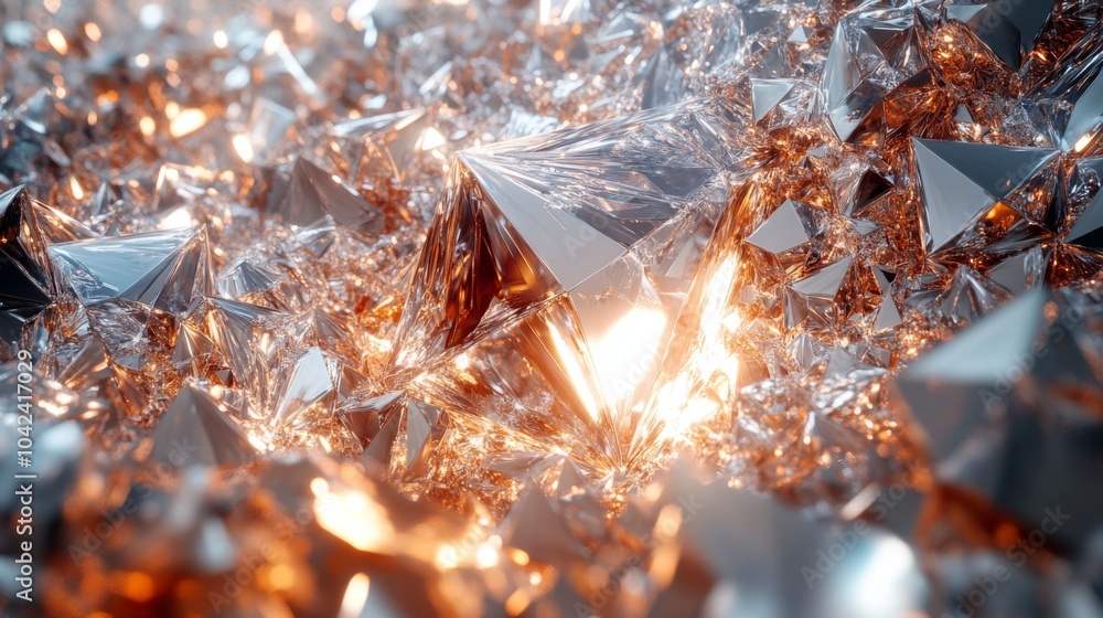 Poster A stunning display of geometric crystal shapes reflecting light in a captivating abstract environment. The interplay of sharp angles and luminous surfaces creates a mesmerizing visual effect.