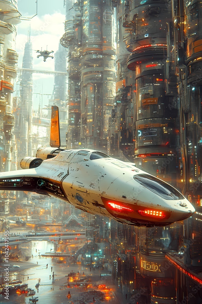 Poster futuristic cityscape with a sleek spaceship navigating through towering structures.