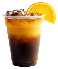 PNG An isolated plastic cup of an ice americano coffee with orange juice at the bottle drink beverage refreshment.