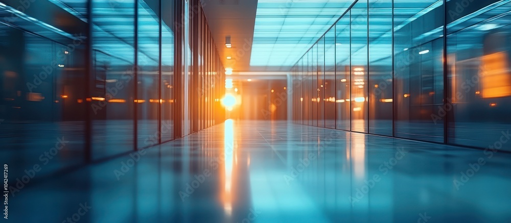 Poster Empty office corridor with glass walls and bright light at the end.