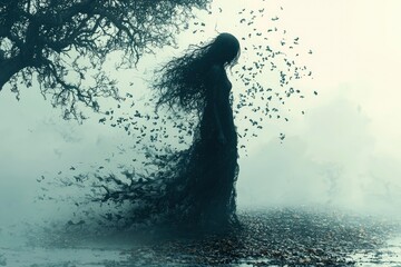 Obraz premium A Solitary Figure Dissolving in a Misty Forest