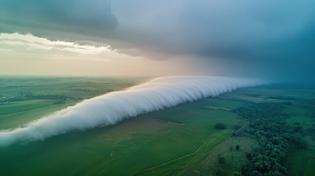 Aerial View of Scud Clouds Above Green Fields
