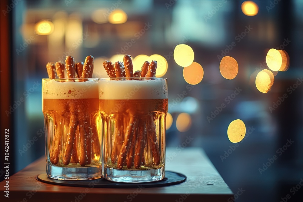 Wall mural two glasses of beer with pretzels sticking out of them