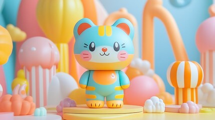 Obraz premium Cute cartoon blue cat character standing in a whimsical colorful 3D landscape.