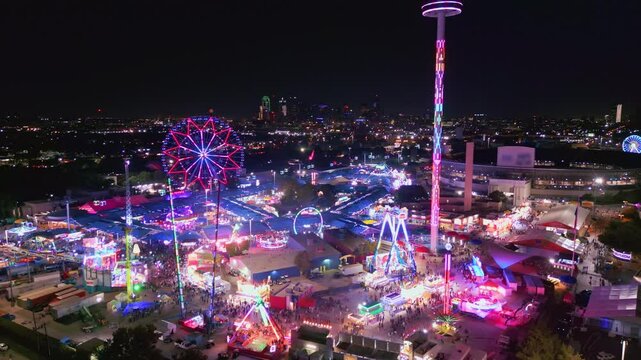 Backwards Aerial of Texas State Fair and Dallas Skyline at Night