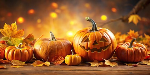 Depth of field halloween background with pumpkins and leaves