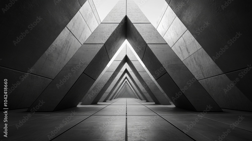Aufkleber The view features a series of triangular concrete formations leading into a bright, expansive space. The sharp lines and shapes create a striking visual effect.