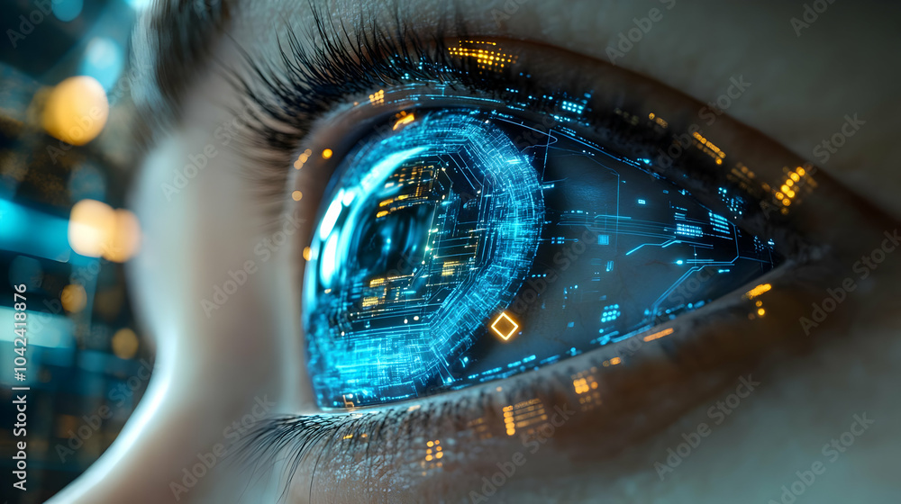 Poster close-up of a futuristic eye with digital circuitry and data.