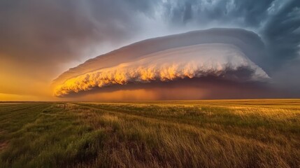 Obraz premium Majestic Cloud Formation Over Flat Plain at Sunset