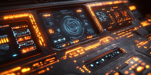 Futuristic control panel with glowing interfaces and data displays.