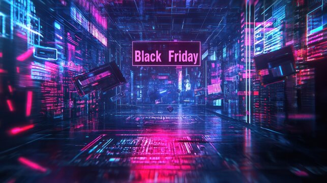 Sci-fi-themed "Black Friday" text with glitch effects and digital noise - Powered by Adobe