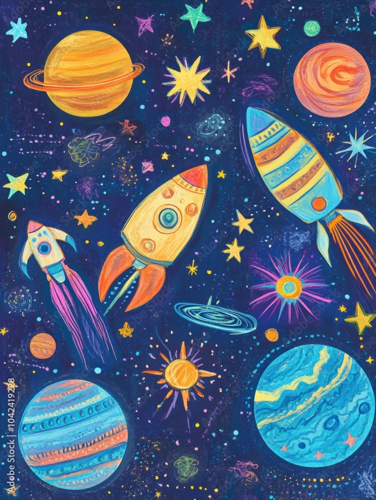 Poster this artwork showcases a colorful cosmic theme with doodles of planets, rockets, stars, and asteroid