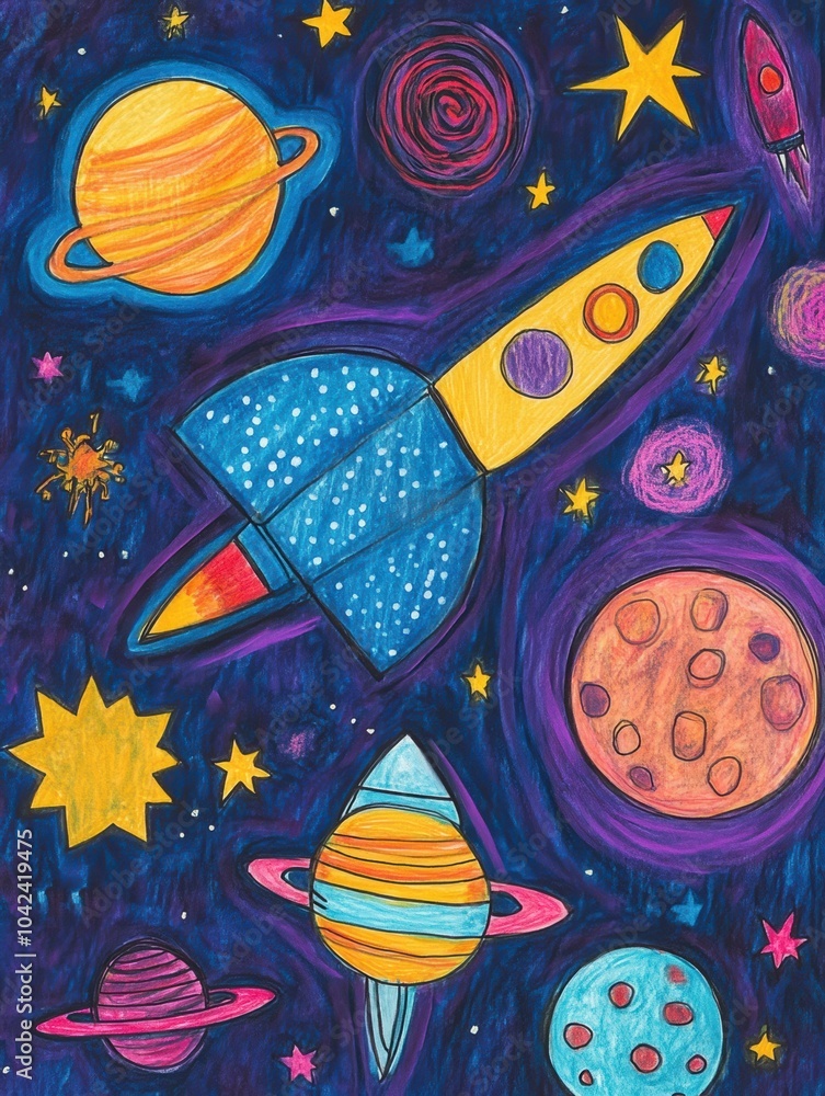 Poster this artwork presents a whimsical array of cosmic doodles, including planets, rockets, and stars aga