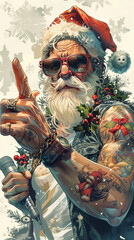 Santa Claus in stylish glasses and leather vest with a microphone in his hand. AI Generated