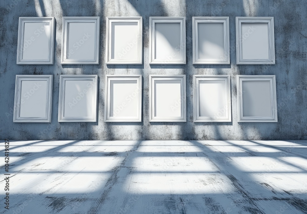 Poster a wall with empty white frames casting shadows on a textured surface.