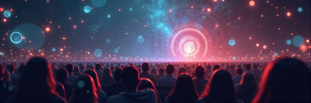 A vibrant, immersive crowd gathering at a futuristic event, showcasing dynamic lights and energy, ideal for technology, entertainment, and event marketing. - Powered by Adobe