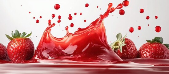 Fresh strawberries splashing in a pool of red liquid, creating a vibrant and delicious scene.