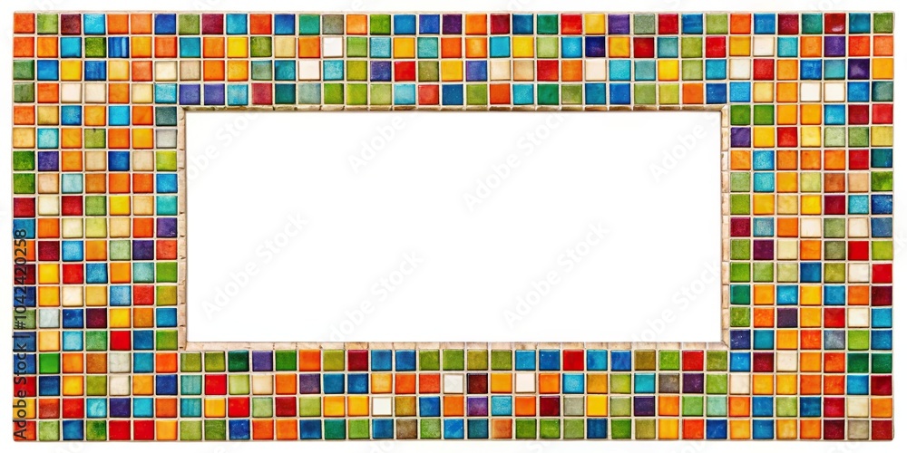 Poster depth of field mosaic frame with colorful tiles on white background with copy space
