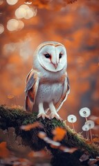 A majestic barn owl with white and brown plumage perches on a mossy branch in a forest setting. The owl's large, dark eyes stare intently at the camera.