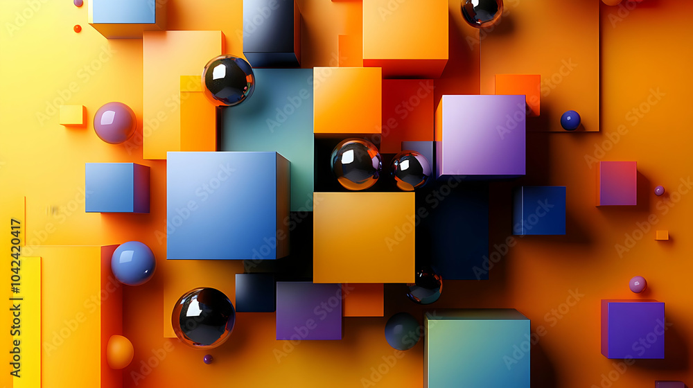 Poster abstract composition of colorful cubes and spheres on a gradient background.