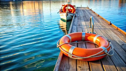 Depth of field of orange life preservers on boat pier