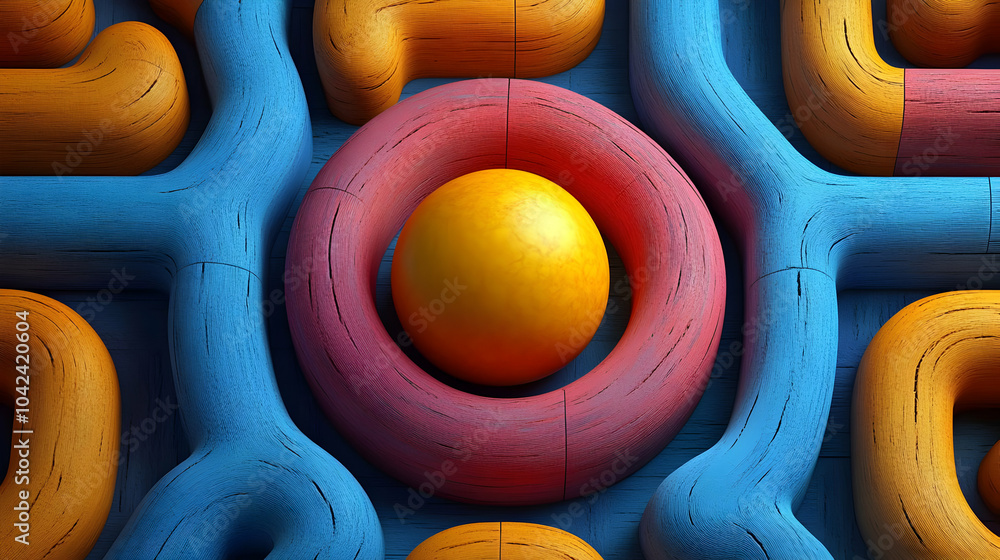 Poster abstract composition of colorful shapes with a central sphere.