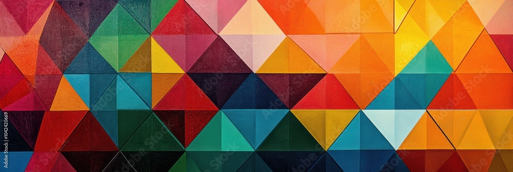 Poster A stunning display of interlocking triangular shapes filled with vibrant colors creates an engaging abstract composition. Generative AI