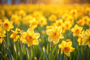 Fototapeta premium Depth of field photo of yellow narcissus flowers blooming in spring