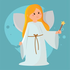 Angel girl holding magic wand with wings for Halloween, Vector