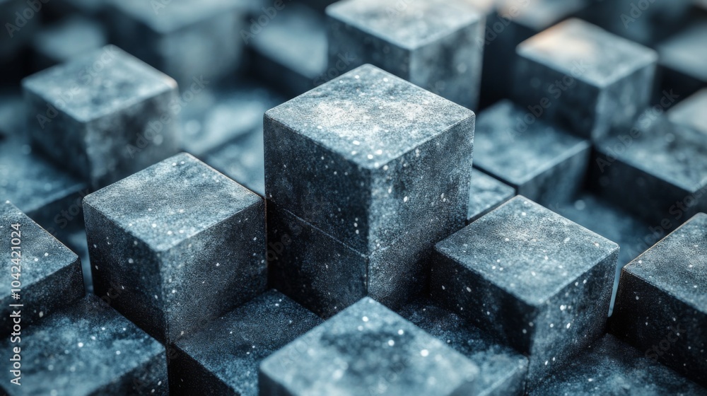Poster The arrangement features textured cubes in varying sizes, creating an engaging abstract landscape. Soft lighting highlights their surfaces, emphasizing depth and contrast.