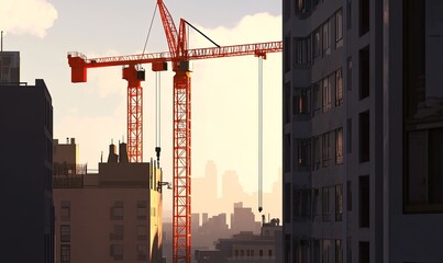 Fototapeta premium A red construction crane stands tall against a backdrop of a cityscape at sunset, with buildings lining the foreground and background.