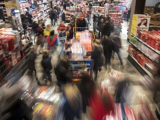 Obraz premium Shoppers rushing through aisles filled with Black Friday bargains, creating a lively shopping atmosphere