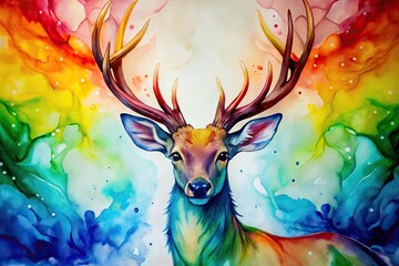 Fototapeta premium Depth of Field rainbow deer alcohol ink art for nursery