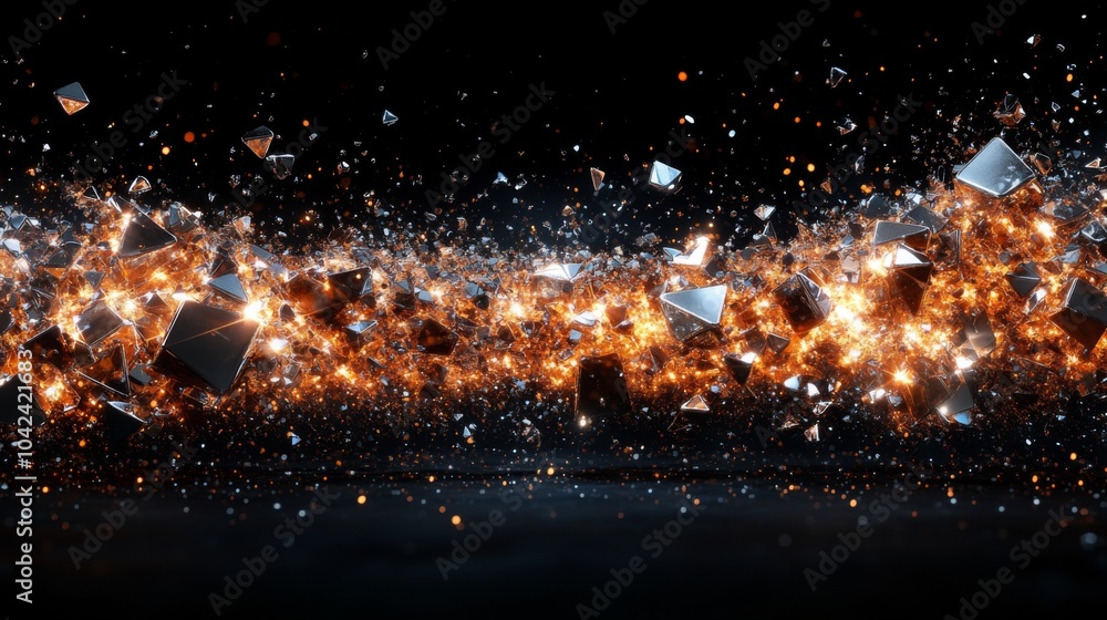 Poster A captivating burst of shimmering fragments and bright particles fills the space with energy as they dance through the darkness, creating an enchanting visual effect.