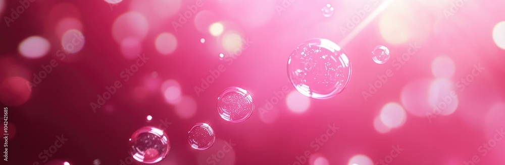 Poster a dreamy scene of floating bubbles against a soft pink background with sparkling light.