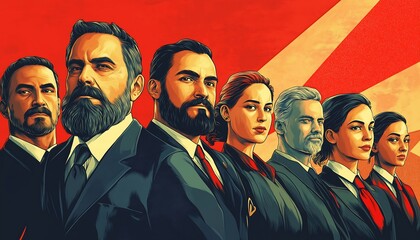 Leadership poster russian constructive style racially diverse people men and women