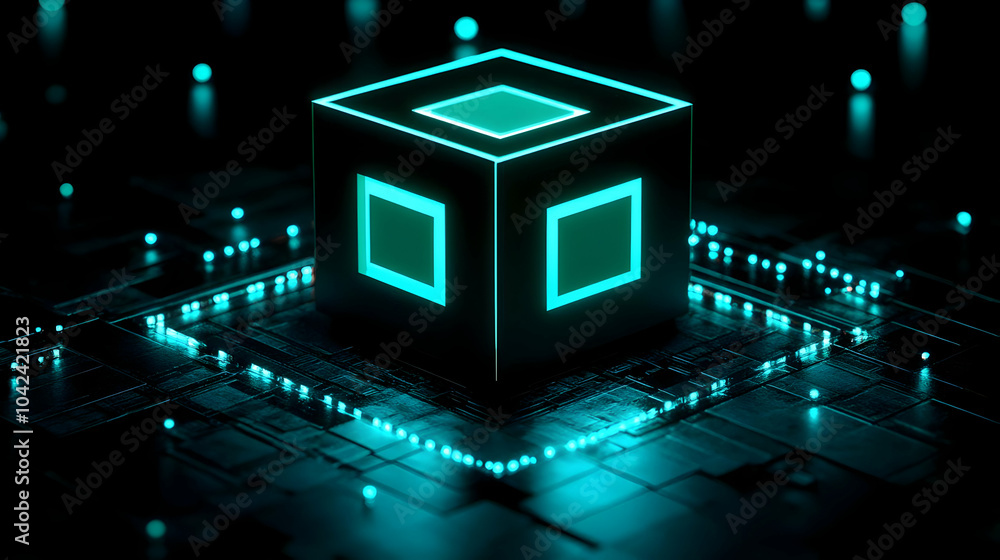 Poster a glowing cube on a circuit board, symbolizing advanced technology.