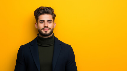 Obraz premium confident man stands against vibrant yellow background, showcasing stylish outfit with turtleneck and blazer. His expression exudes charm and sophistication, making bold statement.