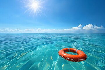 Obraz premium A single orange life preserver floats in a calm blue ocean with a bright sun shining above.