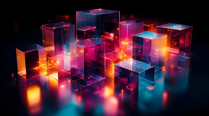Abstract glowing cubes with vibrant colors and reflections.