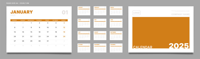 Fototapeta premium Set of 2025 Calendar Planner Template Pages Monthly, Cover with Place for Photo and Company Logo. Vector layout of a wall or desk calendar with week start Monday for printing. Page size A4-21x29.7cm
