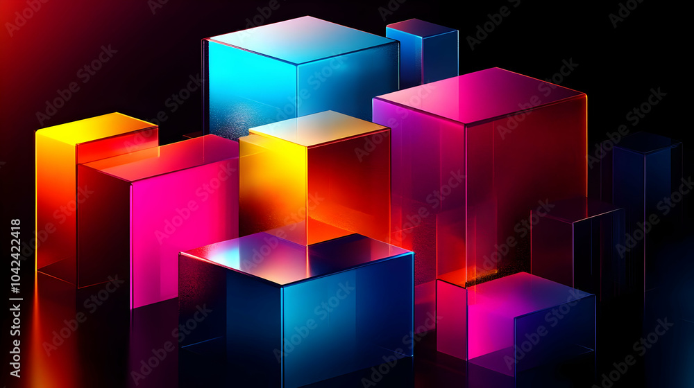 Poster Colorful translucent cubes arranged in an abstract composition.