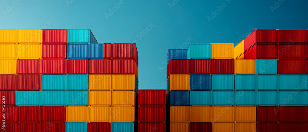 Wall mural colorful shipping containers stacked against a clear blue sky, showcasing vibrant hues and patterns,