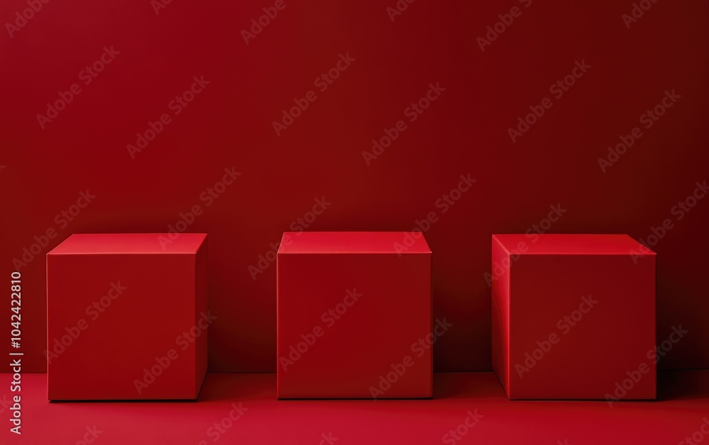 Poster three red cubes against a matching background create a minimalist aesthetic.