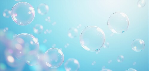 Soft and ethereal bubbles floating in a soothing blue background, perfect for designs related to cleanliness, freshness, or tranquility.