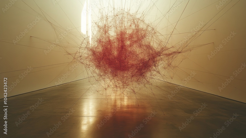Aufkleber An installation of tangled red threads creates a captivating visual effect in a minimalist art gallery, enhanced by gentle lighting illuminating the space.