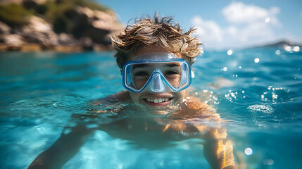 Fototapeta premium A smiling boy snorkeling in clear blue water.